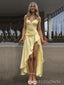 Yellow V-neck Spaghetti Straps Long Evening Prom Dresses, BGS0349