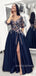 Blue Satin Appliques A-line Long Evening Prom Dresses, BGS0351