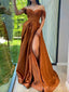 Burnt Orange Satin A-line Side Slit Long Evening Prom Dresses, Off Shoulder Prom Dress, BGS0355