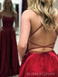 Dark Red Satin A-line Backless Long Evening Prom Dresses, BGS0362