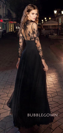 Black Chiffon Appliques Long Evening Prom Dresses, Long Sleeves Prom Dress, BGS0365
