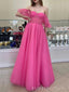 Hot Pink Tulle A-line Off Shoulder Long Evening Prom Dresses, BGS0369