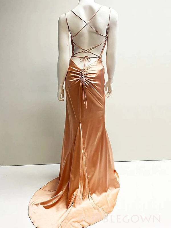 Soft Satin Spaghetti Straps Long Evening Prom Dresses, Mermaid Cheap Prom Dress, BGS0370