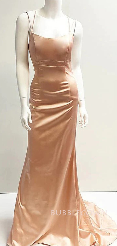Soft Satin Spaghetti Straps Long Evening Prom Dresses, Mermaid Cheap Prom Dress, BGS0370
