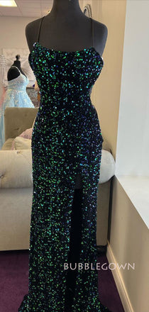 Spaghetti Straps Mermaid Sequins Side Slit Long Evening Prom Dresses, BGS0384