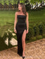 Simple Strapless Black Satin Mermaid Side Slit Long Evening Prom Dresses, BGS0388