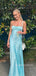 Simple Blue Satin Mermaid Side Slit Long Evening Prom Dresses, Spaghetti Straps Prom Dress, BGS0390