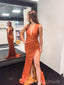 High Slit Burnt Orange Satin V-neck Long Evening Prom Dresses, Mermaid Prom Dress, BGS0391