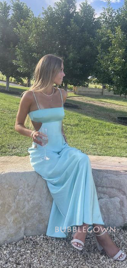 Backless Blue Satin Spaghetti Straps Long Evening Prom Dresses, Custom Prom Dress, BGS0392