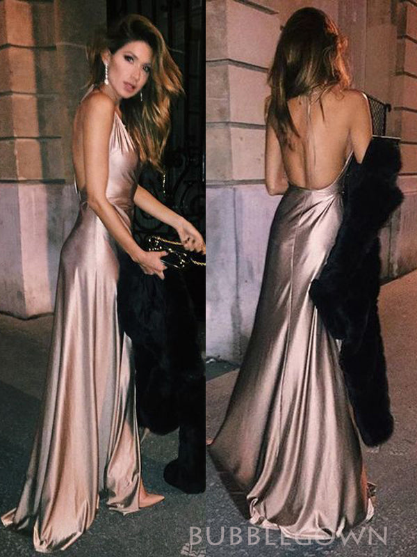 Sexy Backless Satin Side Slit Long Evening Prom Dresses, BGS0401