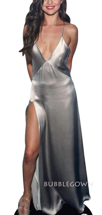 Deep V-neck Satin High Slit Long Evening Prom Dresses, BGS0402