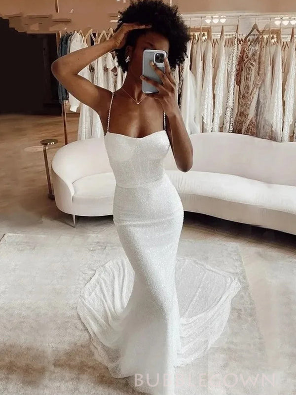 White Sequins Mermaid Spaghetti Straps Long Evening Prom Dresses, Sparkly Wedding Dress, BGS0403