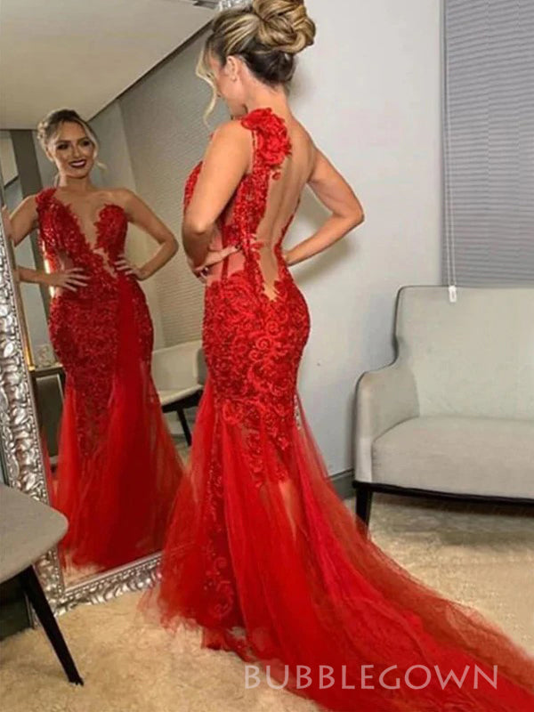 Red Tulle Appliques Mermaid Long Evening Prom Dresses, One Shoulder Prom Dress, BGS0411