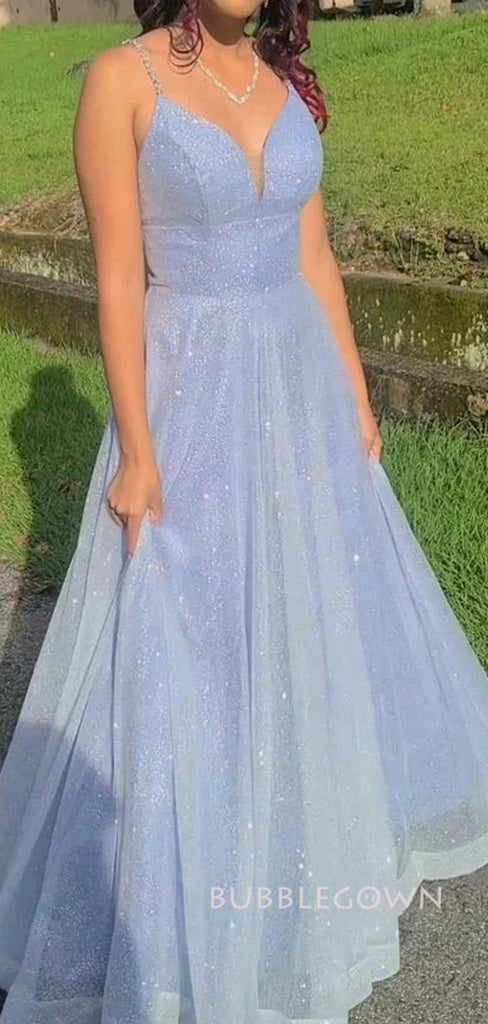 A-line Blue Sparkly V-neck Long Prom Dresses, Spaghetti Straps Prom Dress, BGS0413