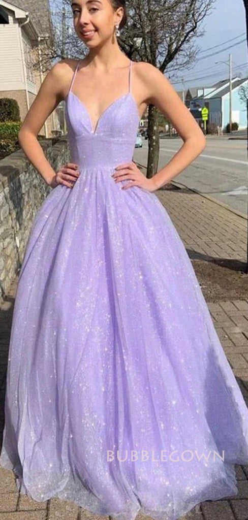 Gorgeous Purple Tulle Spaghetti Straps Long Prom Dresses, A-line Prom Dress, BGS0421