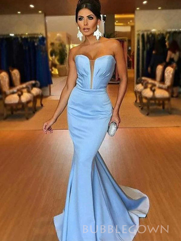 Sweetheart Blue Satin Mermaid Long Prom Dresses, Custom Prom Dress, BGS0424