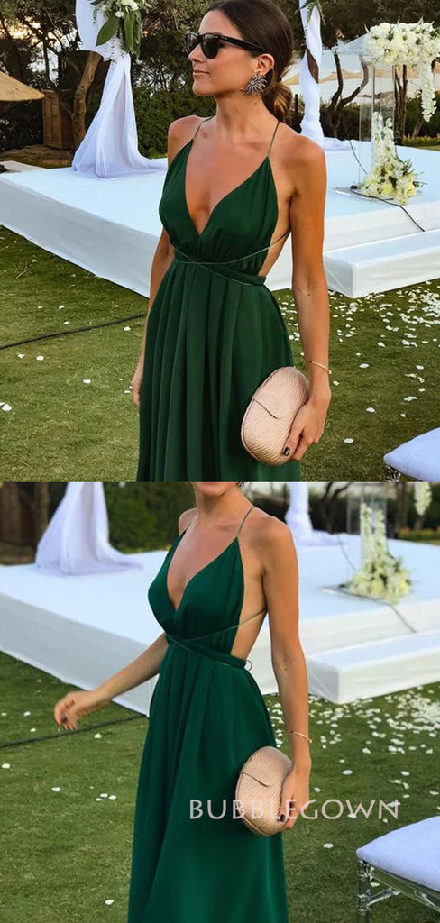 Simple Emerald Green A-line Long Prom Dresses, Backless Prom Dress, BGS0425