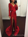 Red Satin Long Sleeves Side Slit Long Prom Dresses, V-neck Prom Dress, BGS0431