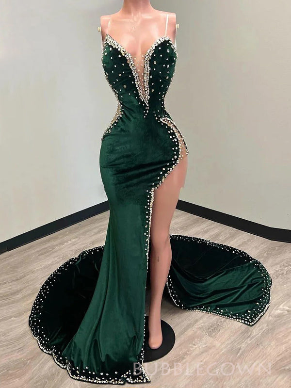 Dark Green Velvet Beaded Mermaid Long Prom Dresses, V-neck Prom Dress, BGS0436