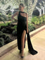 Sheath Black Mermaid One Shoulder Side Slit Long Prom Dresses, BGS0446