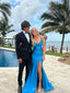 Mermaid Blue Sheath Spaghetti Straps V-neck Long Prom Dresses, BGS0447