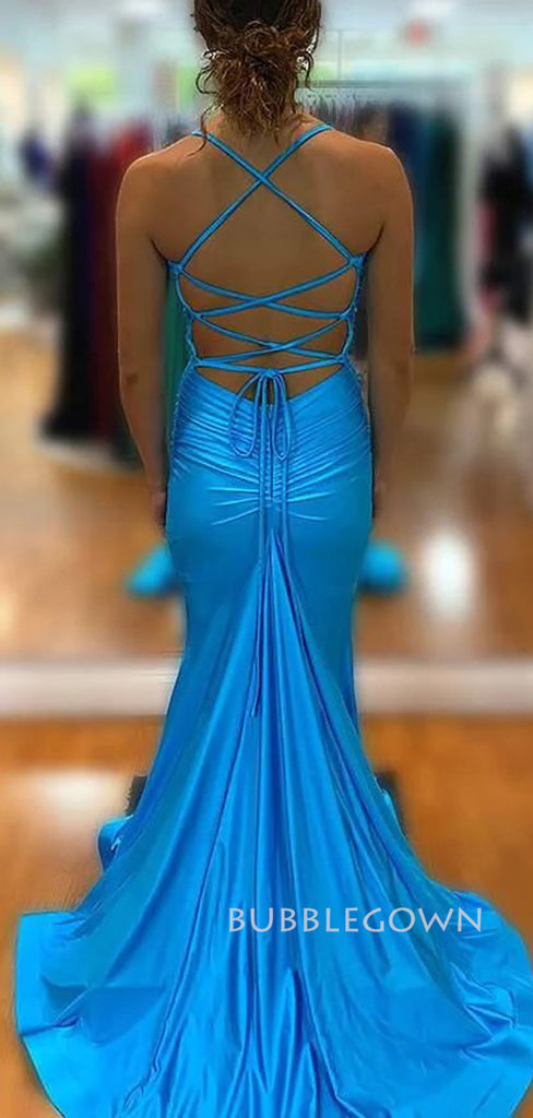 Mermaid Blue Sheath Spaghetti Straps V-neck Long Prom Dresses, BGS0447