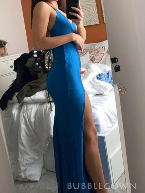 Royal Blue V-neck Long Prom Dresses, Spaghetti Straps Mermaid prom dress, BGS0462