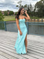 Gorgeous Light Blue Satin Spaghetti Straps Long Prom Dresses, BGS0463