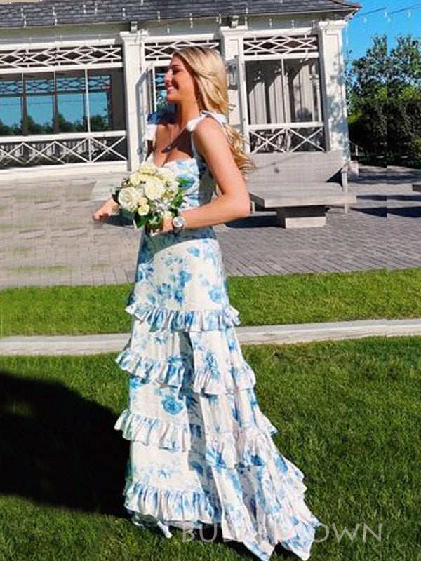 A-line Popular Straps Side Slit Blue Long Prom Dresses, BGS0464