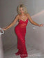 See Through Red Lace Mermaid Long Prom Dresses, Spaghetti Straps V-neck Prom Dress, BGS0469