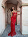 See Through Red Lace Mermaid Long Prom Dresses, Spaghetti Straps V-neck Prom Dress, BGS0469