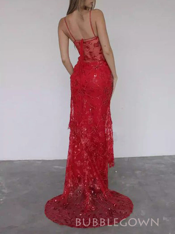 See Through Red Lace Mermaid Long Prom Dresses, Spaghetti Straps V-neck Prom Dress, BGS0469