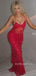 See Through Red Lace Mermaid Long Prom Dresses, Spaghetti Straps V-neck Prom Dress, BGS0469