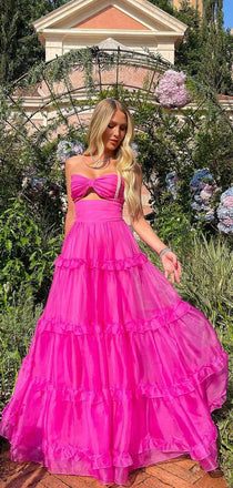 Sweetheart Hot Pink A-line Organza Long Prom Dresses, BGS0482