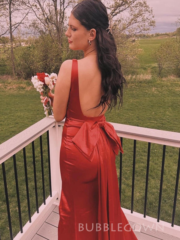 Backless Red Satin Mermaid Straps Side Slit Long Prom Dresses, BGS0486