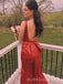 Backless Red Satin Mermaid Straps Side Slit Long Prom Dresses, BGS0486