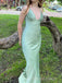 Sage Green Satin Mermaid Spaghetti Straps V-neck Long Prom Dresses, BGS0487