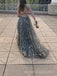 Formal V-neck Lace A-line Long Prom Dresses, Spaghetti Straps Prom Dress, BGS0488