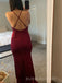 Deep V-neck Mermaid Burgundy Satin Side Slit Long Prom Dresses, BGS0493