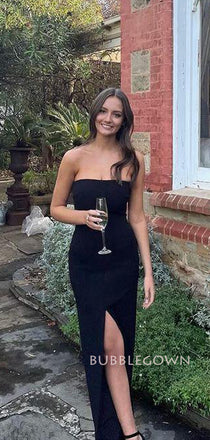 Strapless Black Mermaid Side Slit Simple Long Prom Dresses, BGS0498