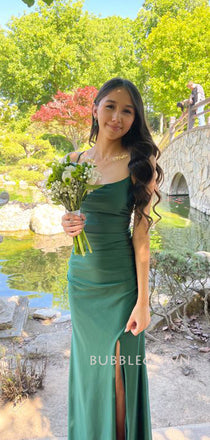 Green Spaghetti Straps Side Slit Popular Long Prom Dresses, BGS0499