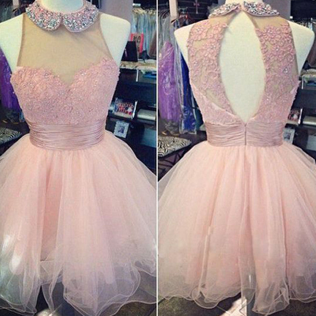 Pink High Neck Lace Backless Junior Homecoming Dresses, BG51490