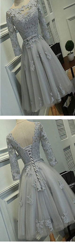 Grey Half Sleeves Graduation Lace Homecoming Dresses, BG51460 - Bubble Gown