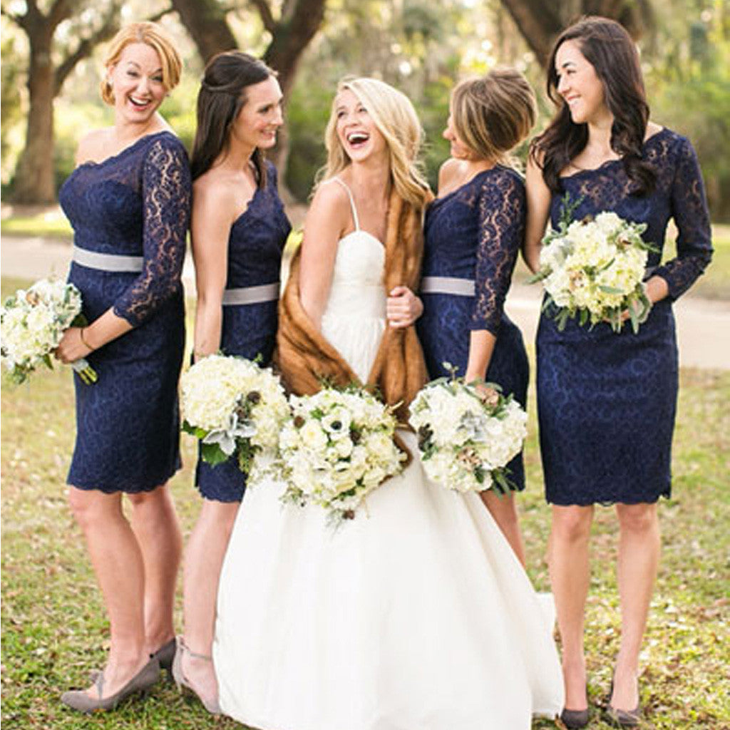 One Shoulder Long Sleeve Lace Navy Blue Short Bridesmaid Dresses, BG51265