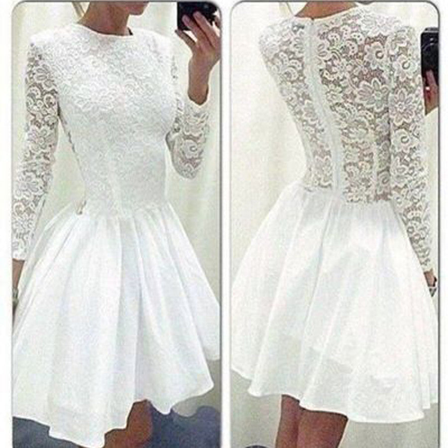 Cheap White Long Sleeves Short Lace Homecoming Dresses, BG51418 - Bubble Gown