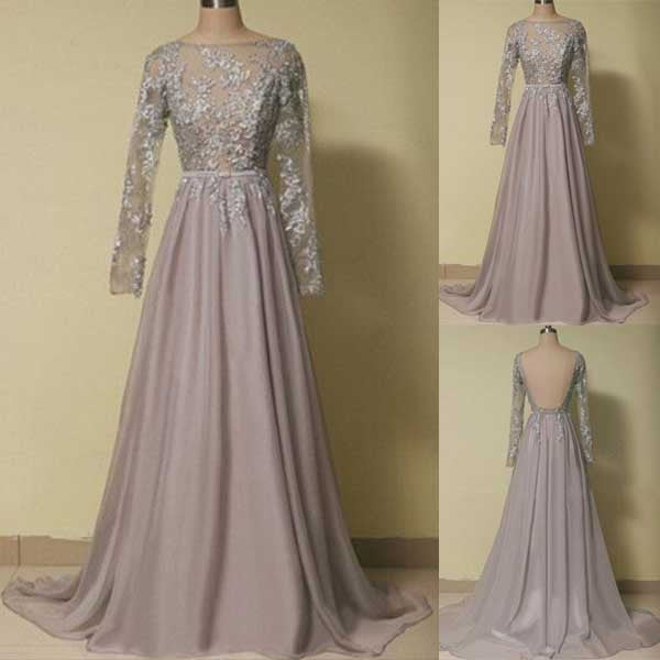 Grey Long Sleeves Applique Open Back Long Prom Dresses, BG51485 - Bubble Gown