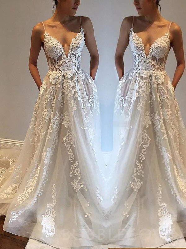 Applique Sexy Online V Neck Ivory Fashion Long Prom Wedding Dresses, BG51501