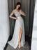 Long Sleeves V Neck Side Split Sexy Silver Long Prom Dresses, BG51629