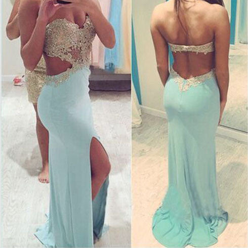 Backless Blue Sexy Mermaid Sweet Heart Long Prom Dresses, BG51150 - Bubble Gown