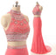 Watermelon Two Pieces Hight Neck Evening Party Long Prom Dresses, BG51212